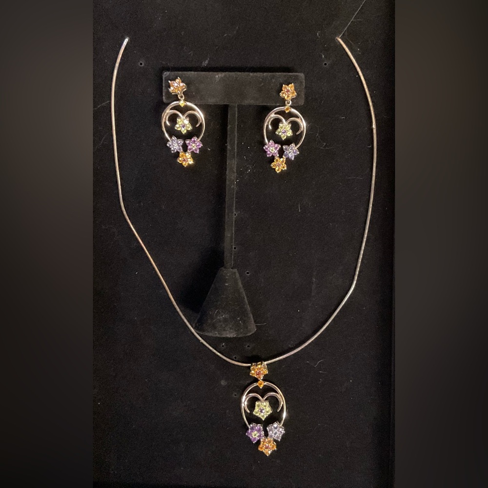 Multi-Color Floral Heart Drop Earrings  and Matching Pendant, Sterling Silver